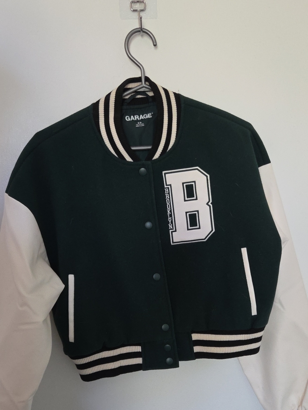 Garage Dark Green and White Cropped Varsity Jacket